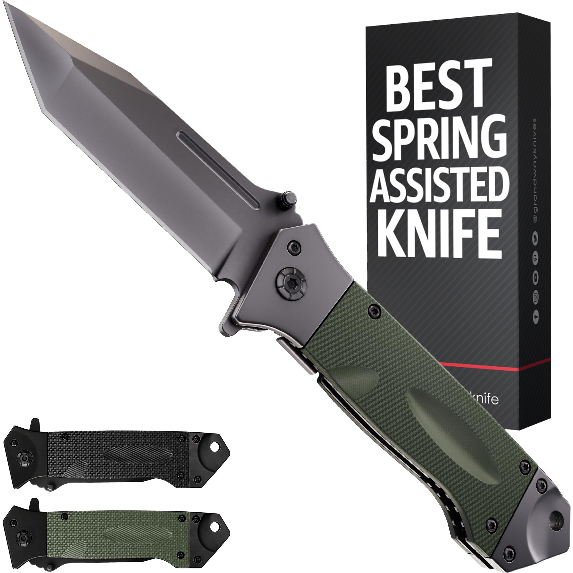 Grand Way spring assisted blade with tanto edge for precise camping cuts.