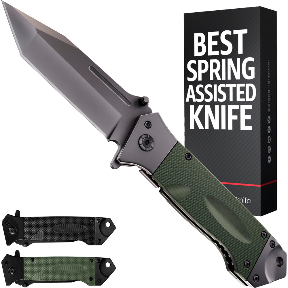 Grand Way spring assisted blade with tanto edge for precise camping cuts.