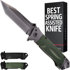 Grand Way spring assisted blade with tanto edge for precise camping cuts.