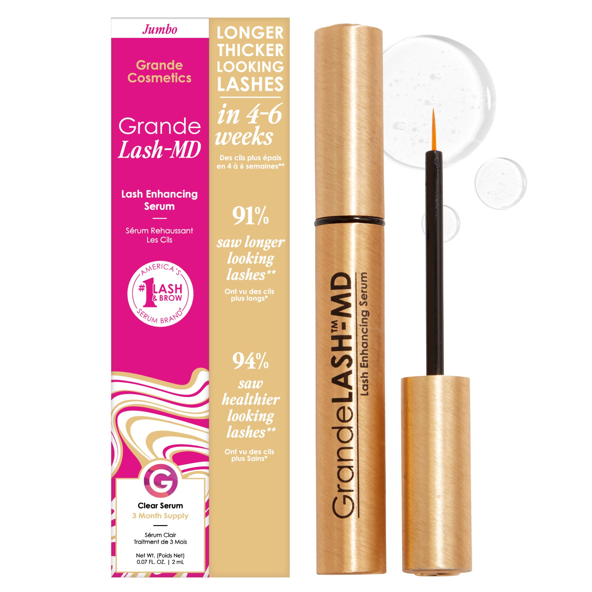 GrandeLASH-MD serum bottle promoting the appearance of longer lashes