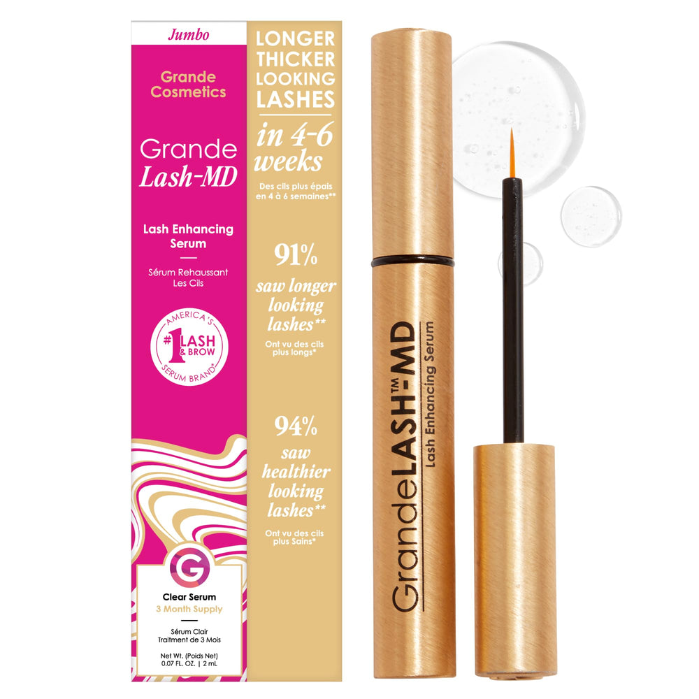 GrandeLASH-MD serum bottle promoting the appearance of longer lashes