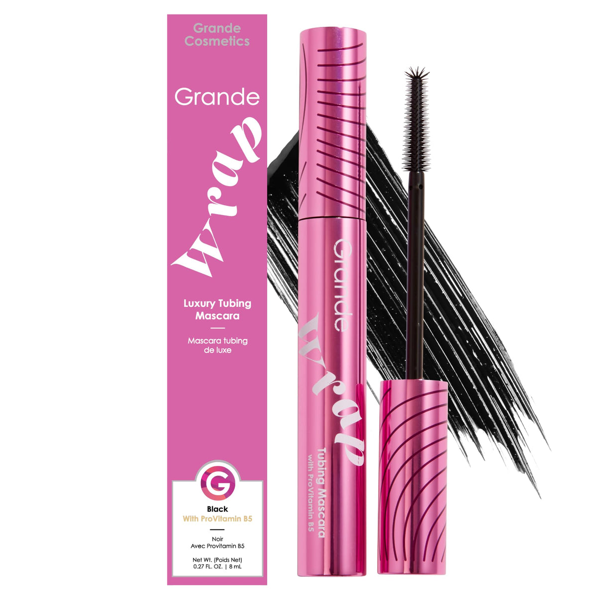 Grande Cosmetics GrandeWRAP tubing mascara bottle and wand showing tubing formula for defined lashes