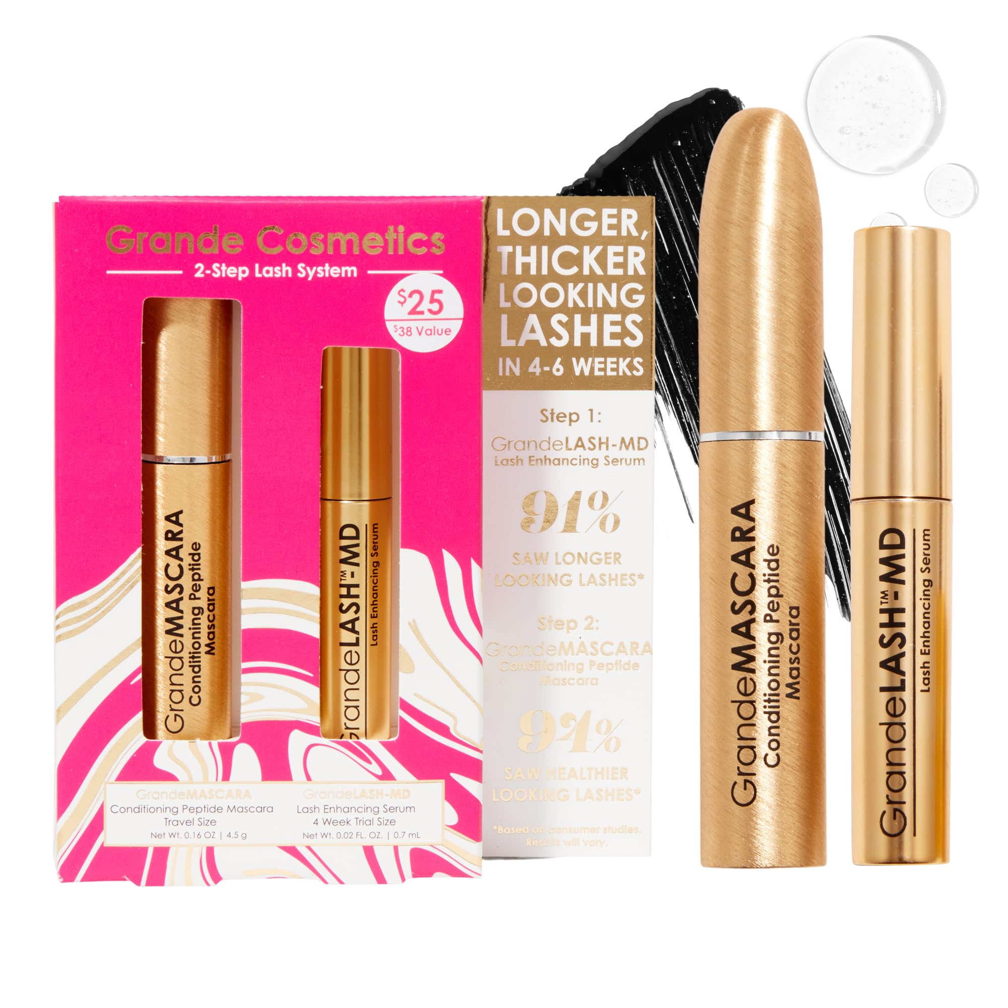 GrandeLASH-MD serum bottle promotes longer, fuller-looking lashes.