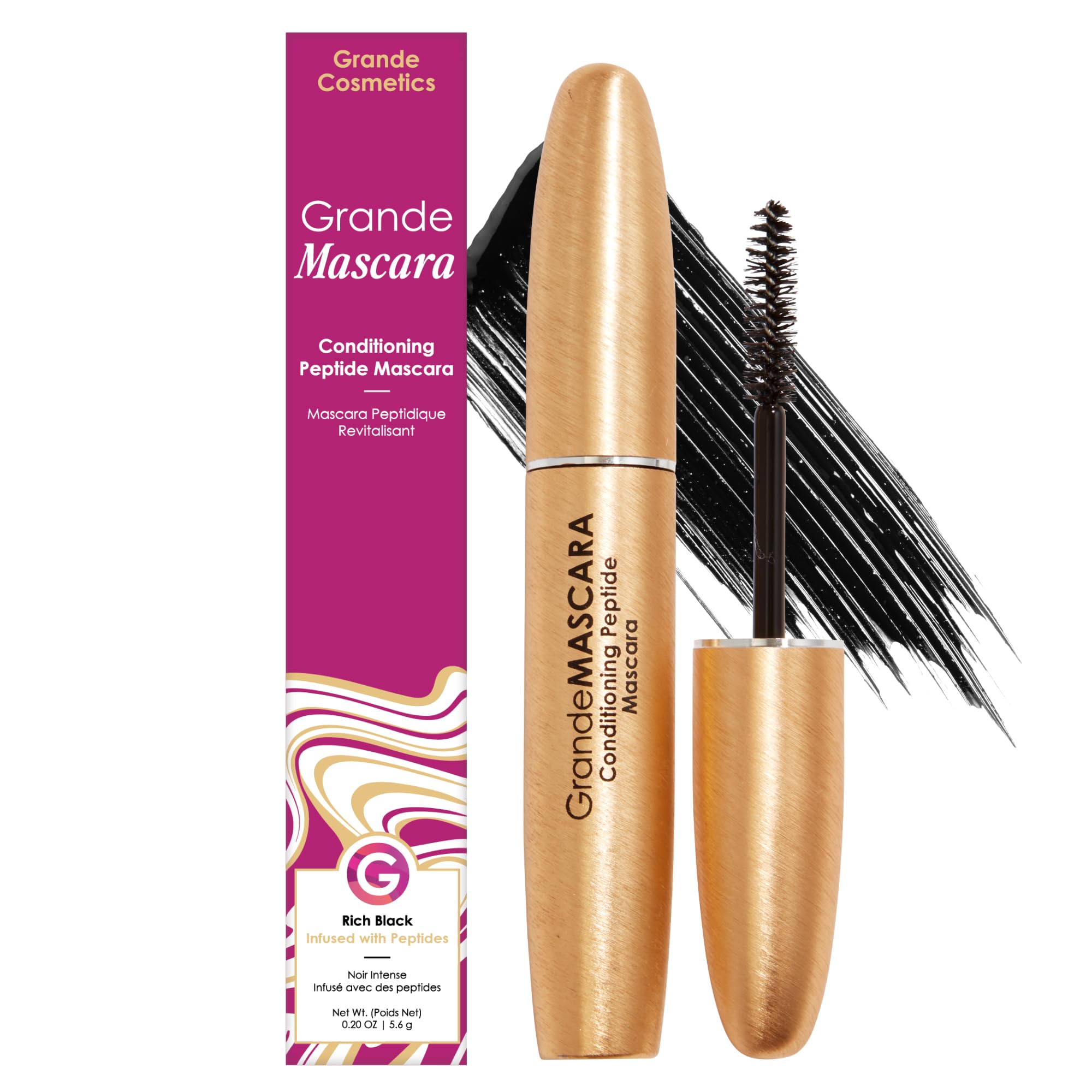 GrandeMASCARA bottle close-up showing buildable volume for bold lashes
