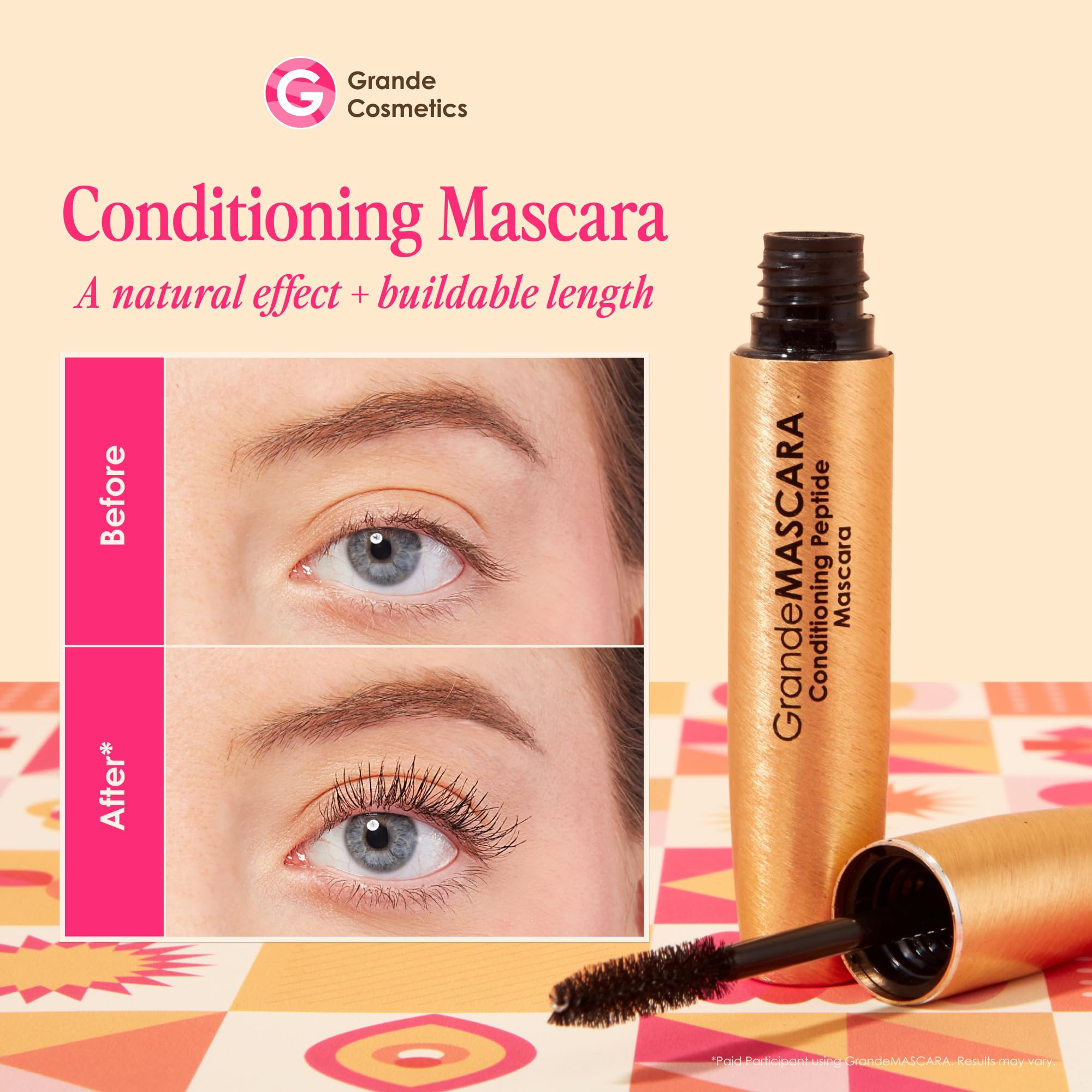 GrandeMASCARA brush lifts lashes for dramatic length and separation.