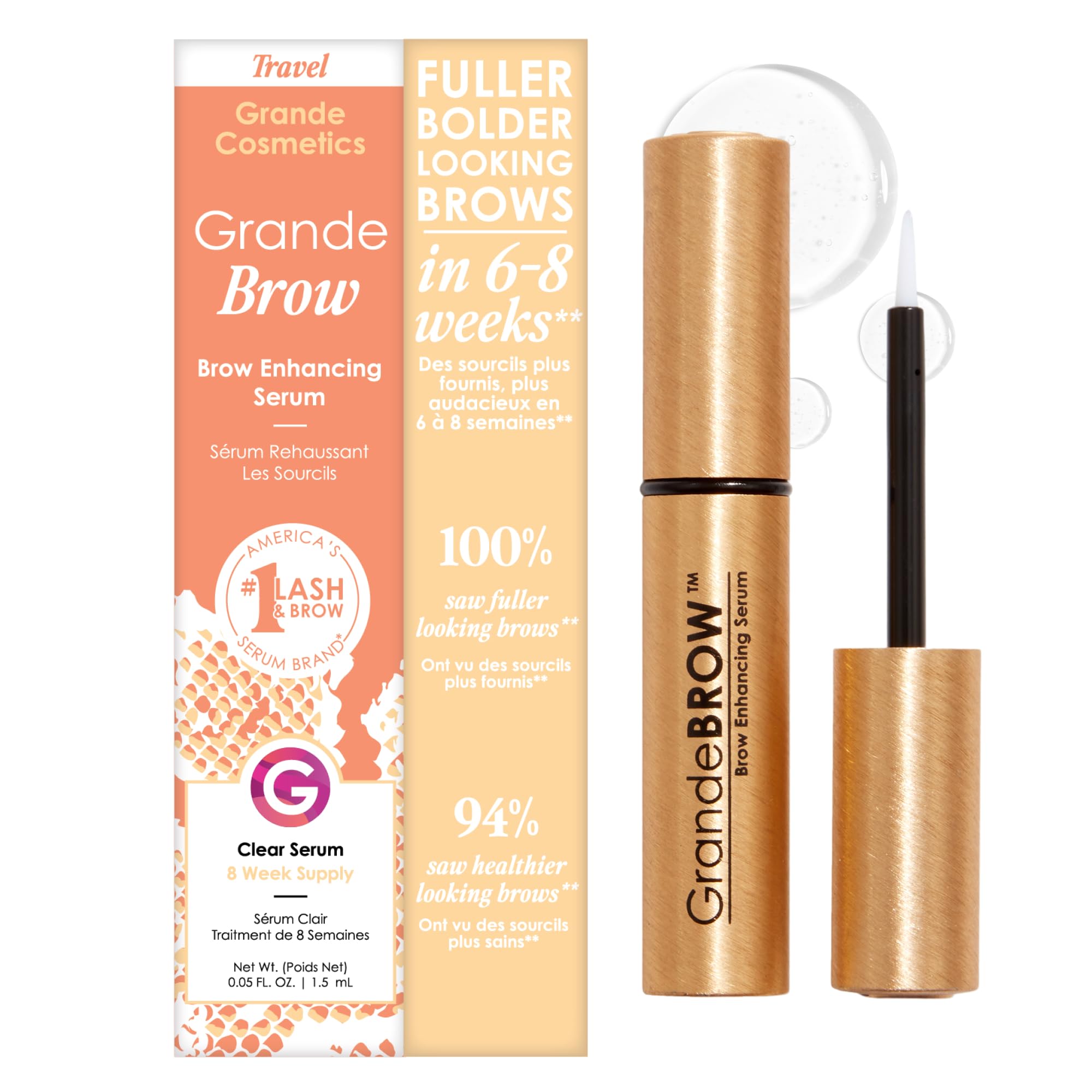 GrandeBROW brow serum bottle close-up showing nourishing formula for fuller-looking brows.