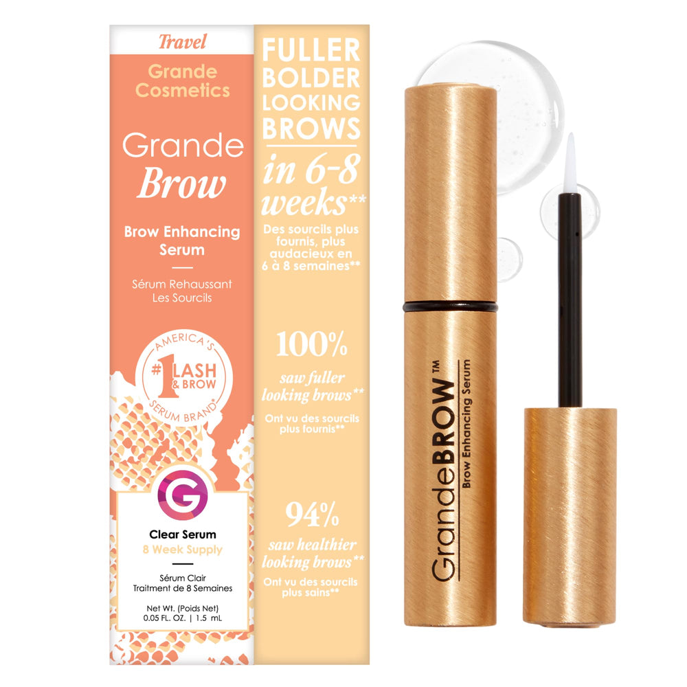 GrandeBROW brow serum bottle close-up showing nourishing formula for fuller-looking brows.