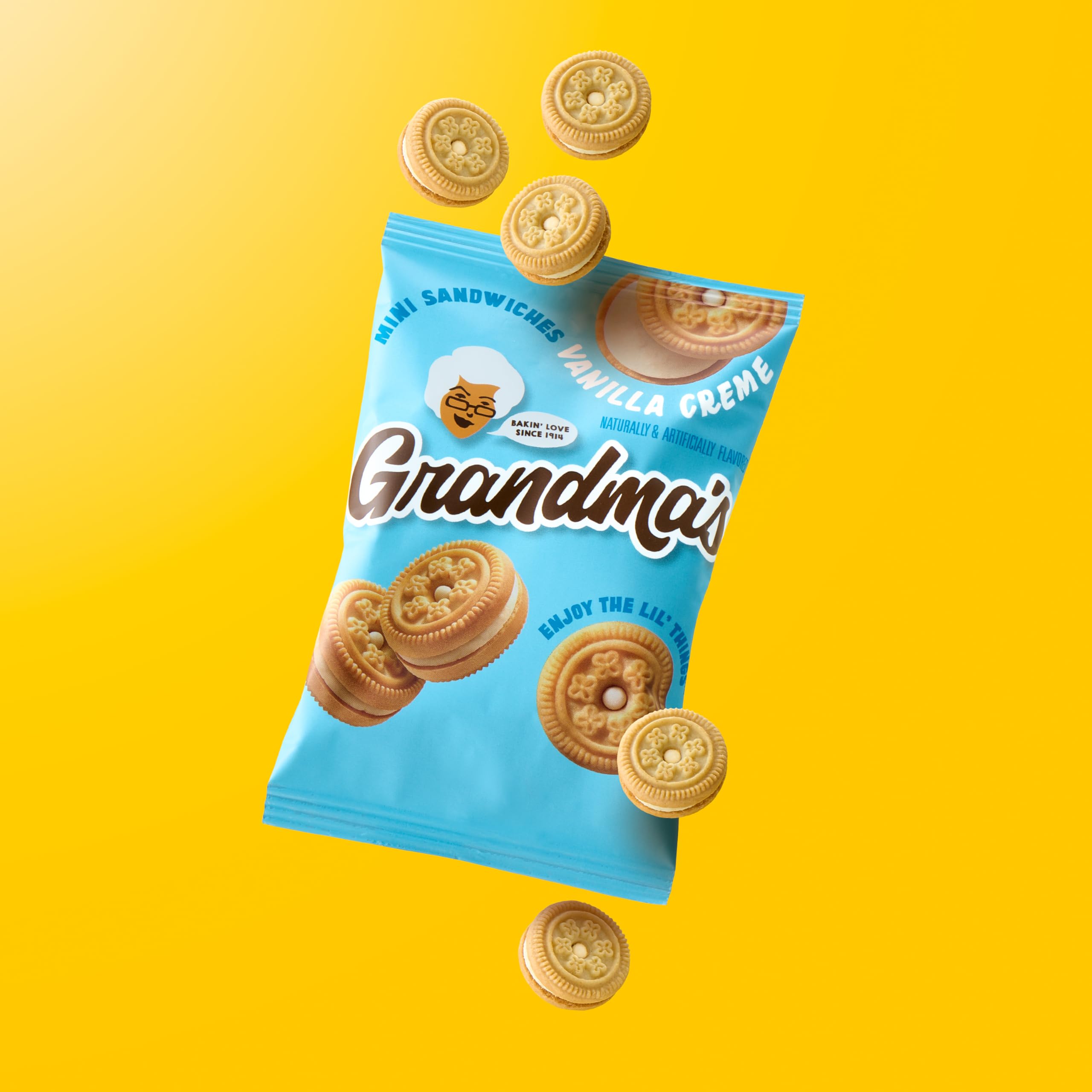 Lifestyle background featuring Grandma's mini cookies vanilla sandwich crème for family moments.