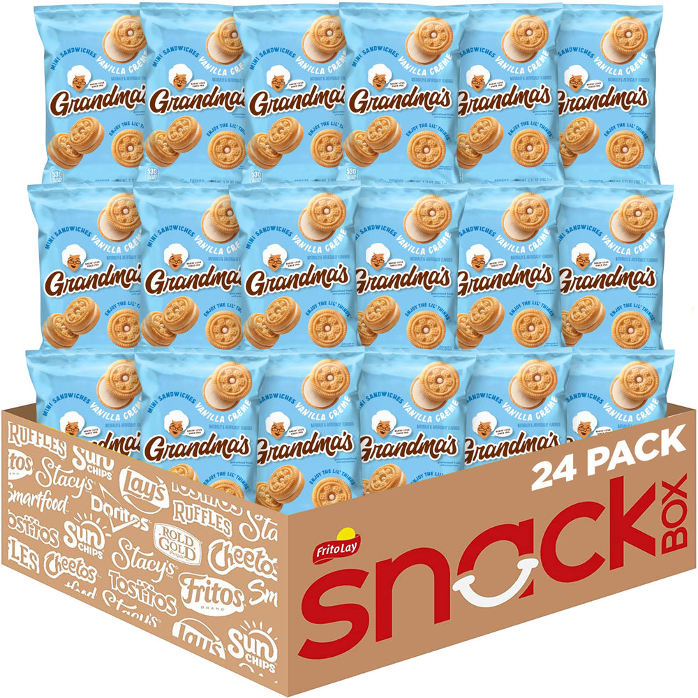 Grandma's mini cookies vanilla sandwich crème bags front, ideal for lunchboxes and on-the-go snacking.