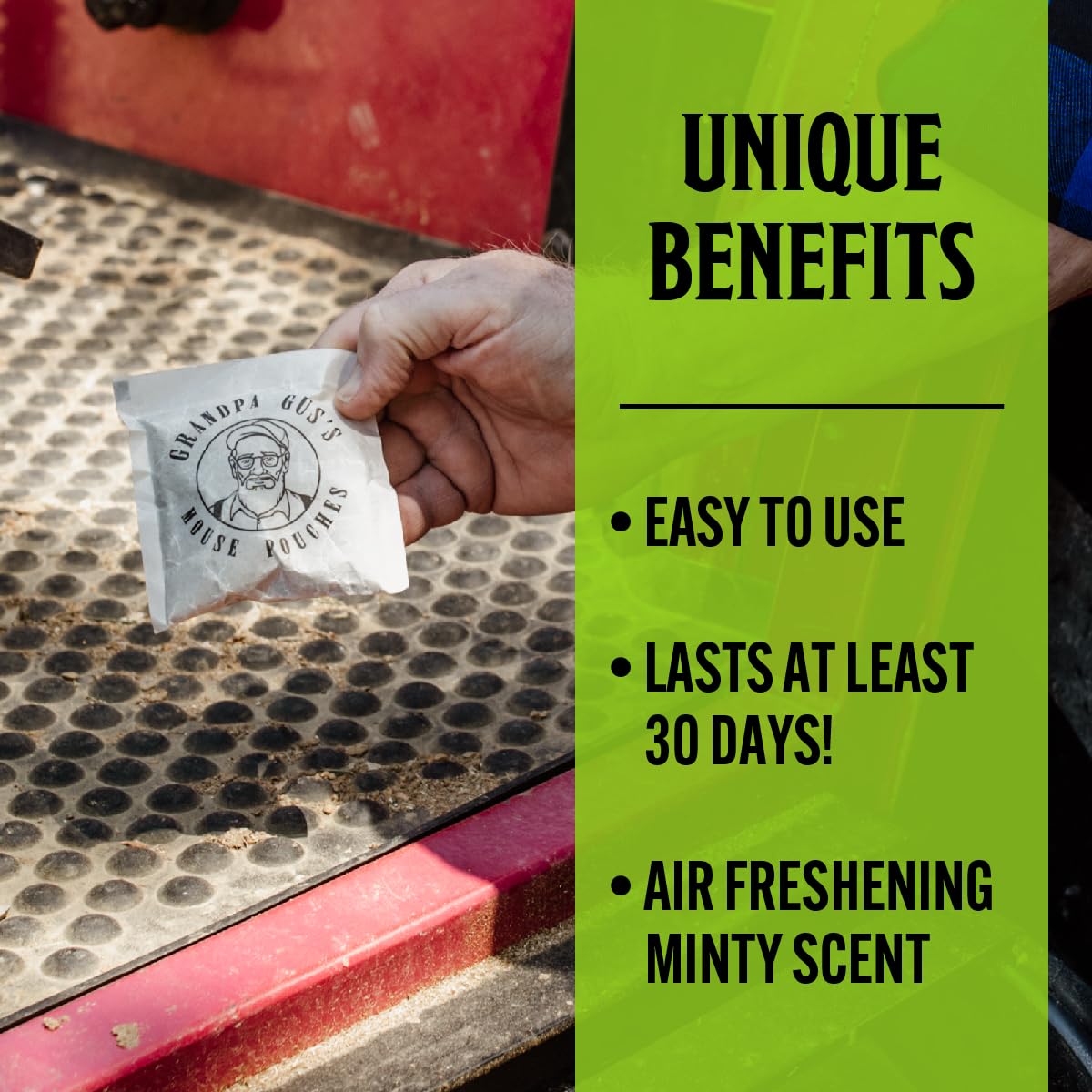 Grandpa Gus's air-freshener pouch in cabinet delivering mint aroma.