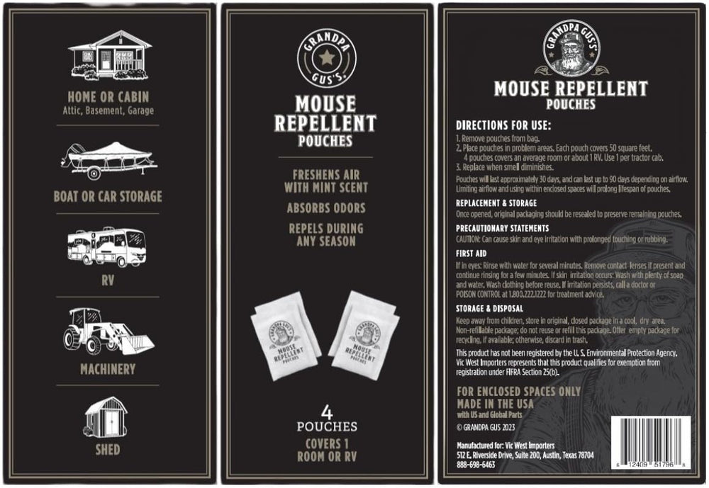 Grandpa Gus's Mouse Repellent Pouches resealable bag for easy use.