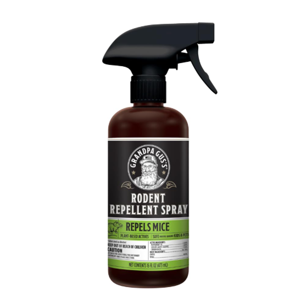 Grandpa Gus's Rodent Repellent Spray bottle for indoor use with peppermint and cinnamon scent.