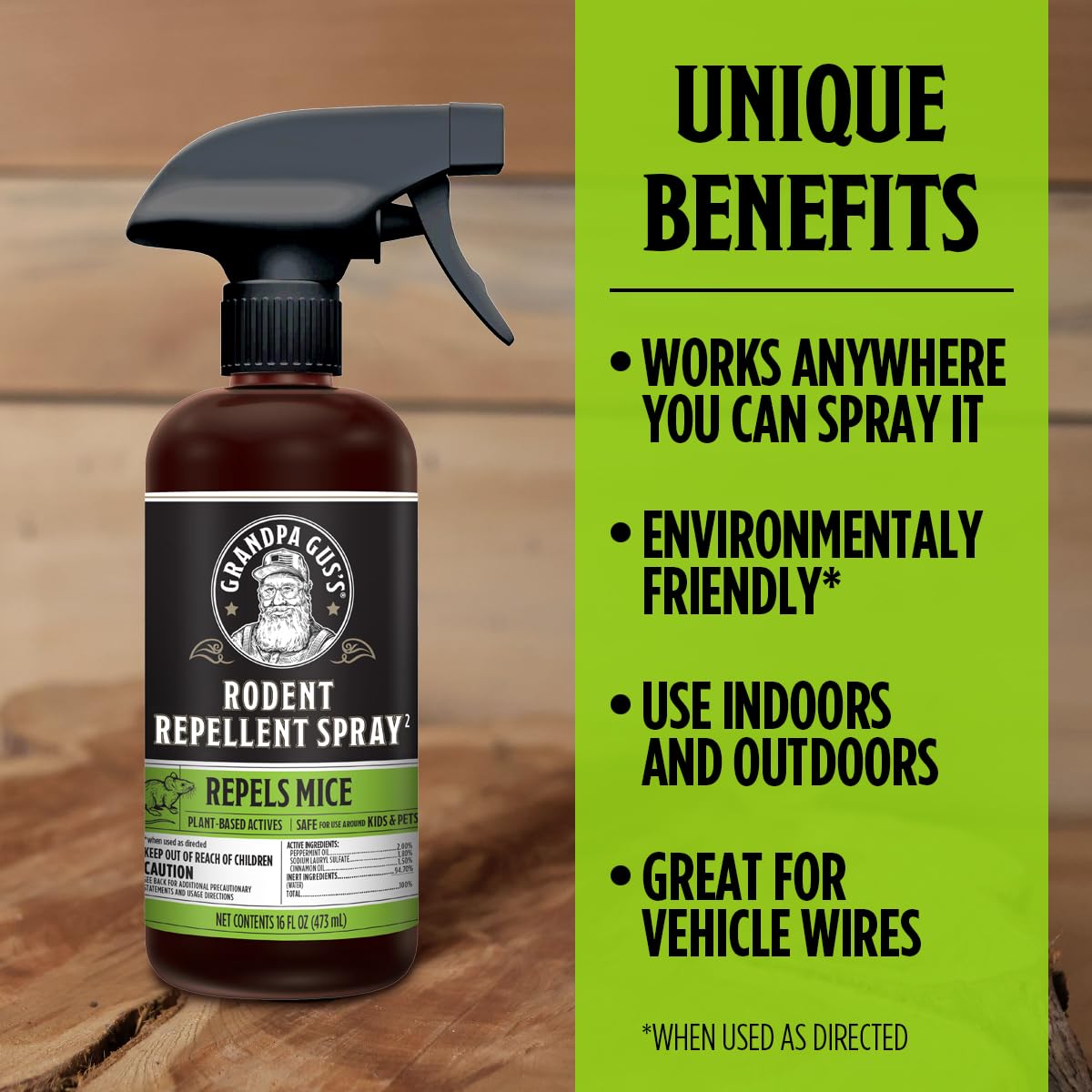 Grandpa Gus's spray creates a dry barrier that helps keep rodents out.