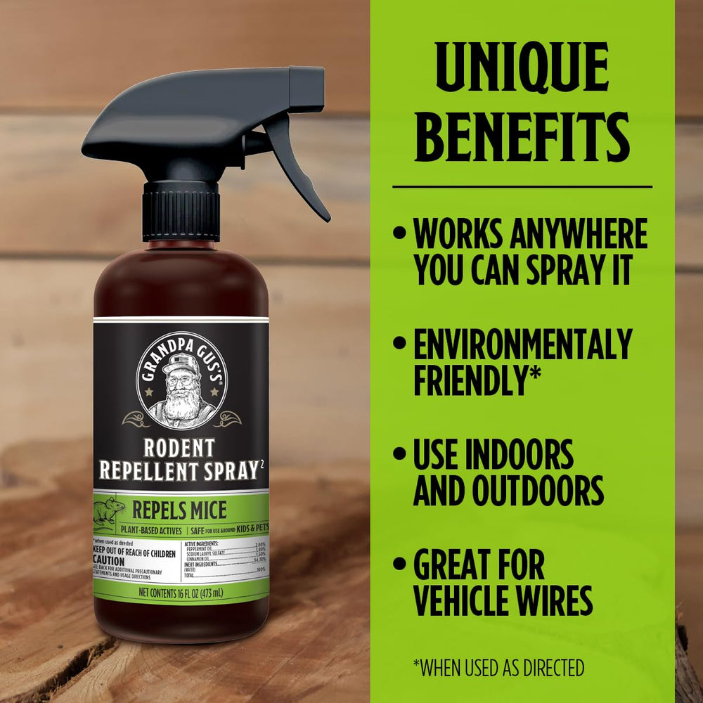 Grandpa Gus's spray creates a dry barrier that helps keep rodents out.