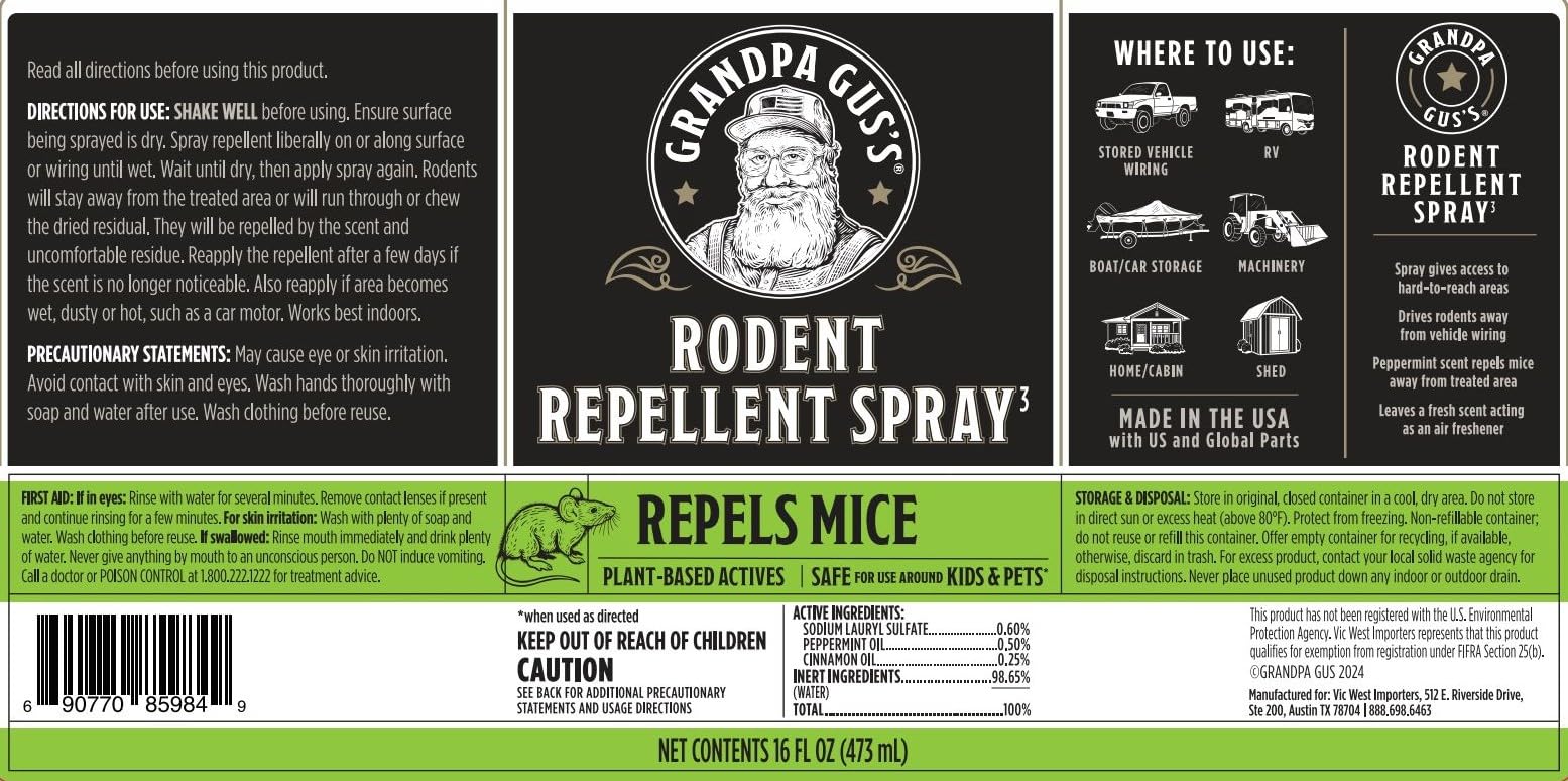 Grandpa Gus's spray instructions showing shake-before-use and reapplication when needed.