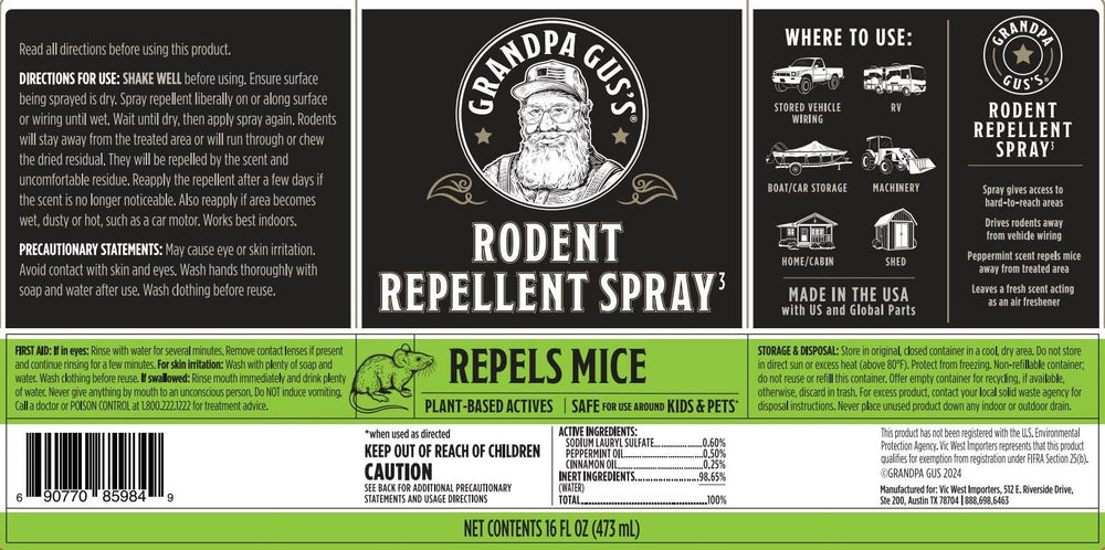 Grandpa Gus's spray instructions showing shake-before-use and reapplication when needed.