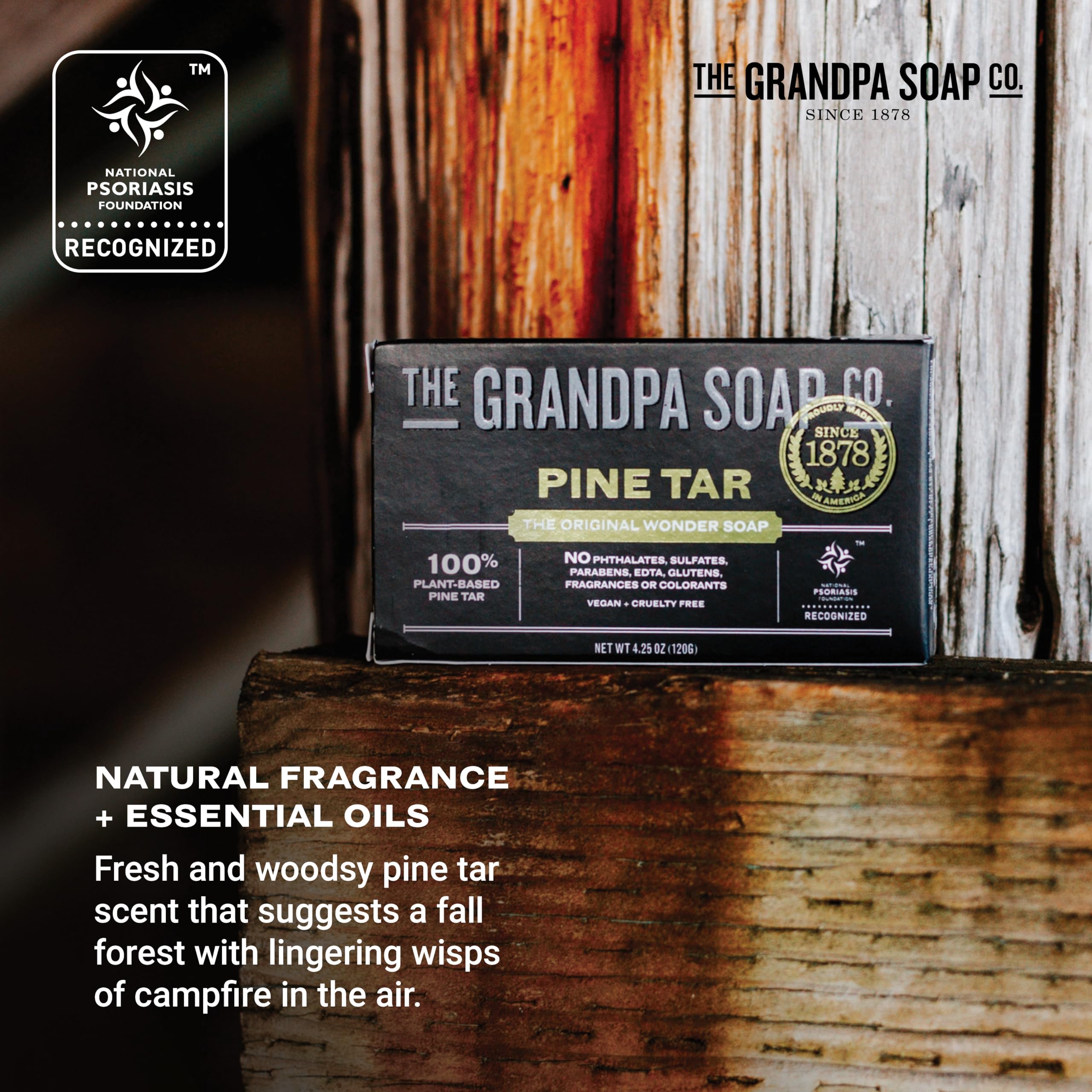 Dermatologist-tested pine tar soap, safe for sensitive skin.