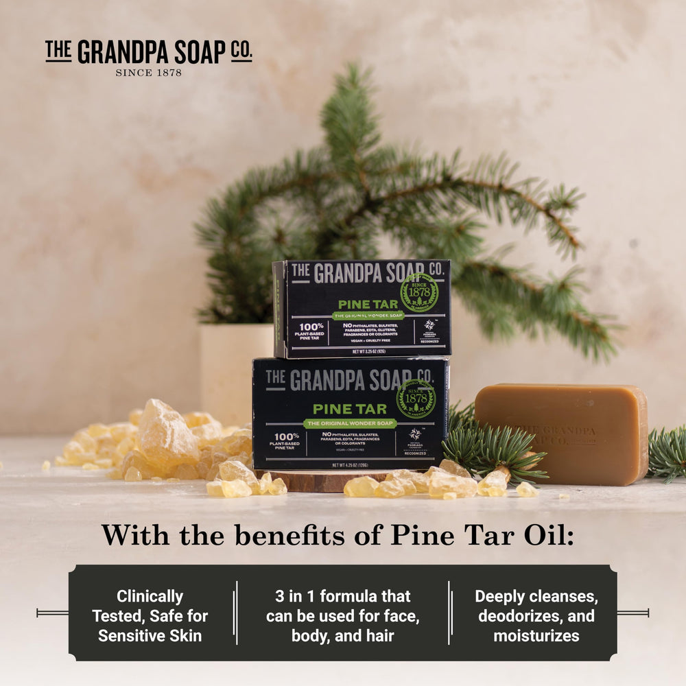 Eight-pack packaging of pine tar soap for versatile family use.