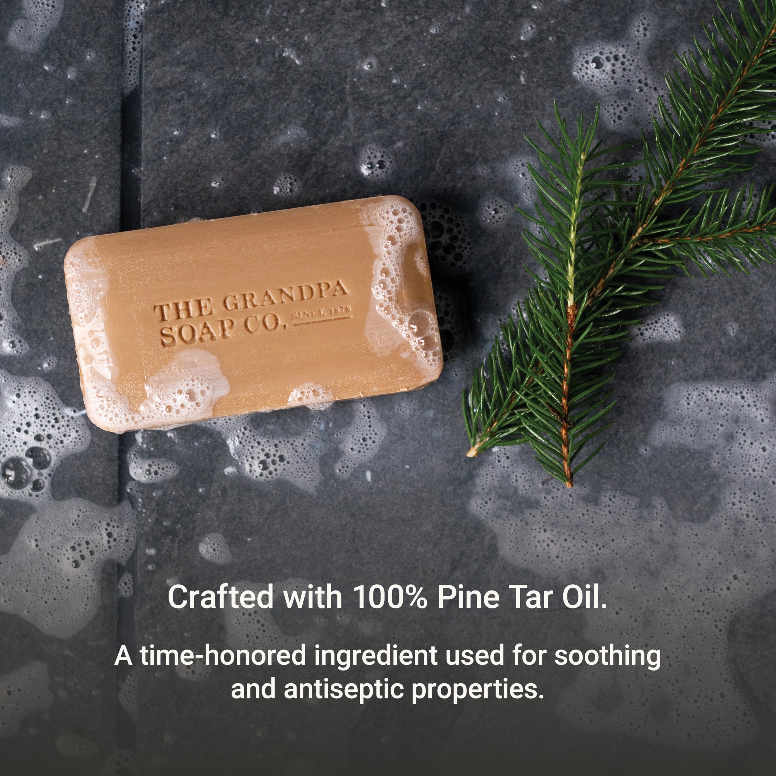 Close-up texture of pine tar soap highlighting natural cleansing power.