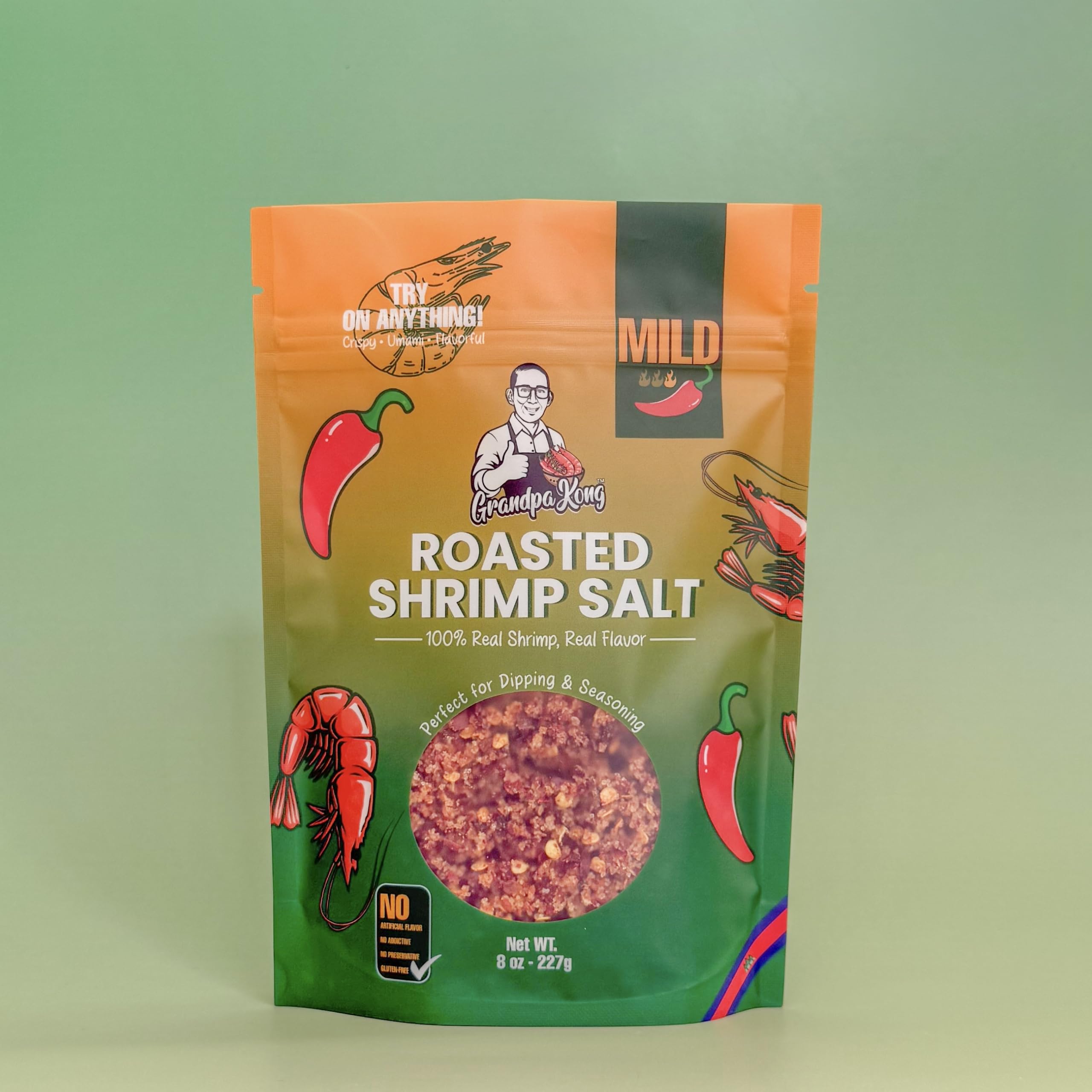 Grandpa Kong Roasted Shrimp Salt snacks popcorn for a light heat.