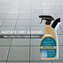 Close-up of grout being scrubbed with Granite Gold Grout Brush