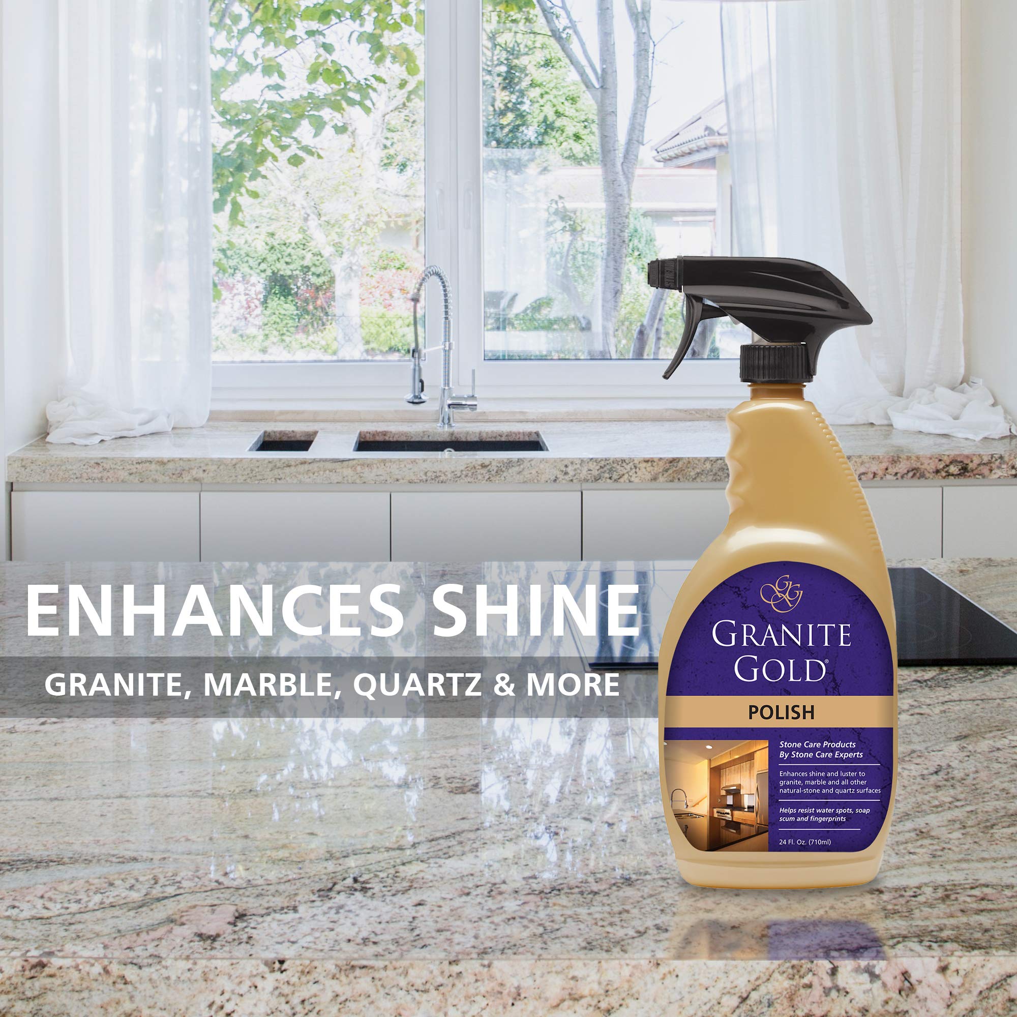 Granite Gold Polish before and after on countertops showing enhanced luster