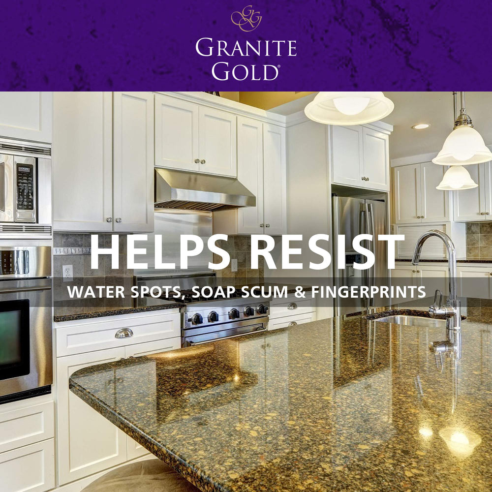 Granite Gold Polish shiny surface highlighting a restored, reflective countertop
