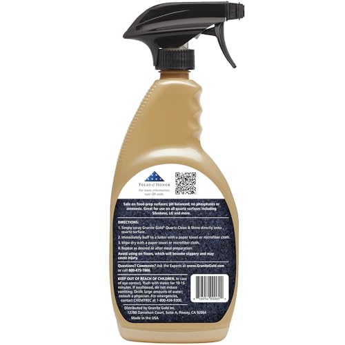 Granite Gold Quartz Clean & Shine spray on kitchen counters for quick results