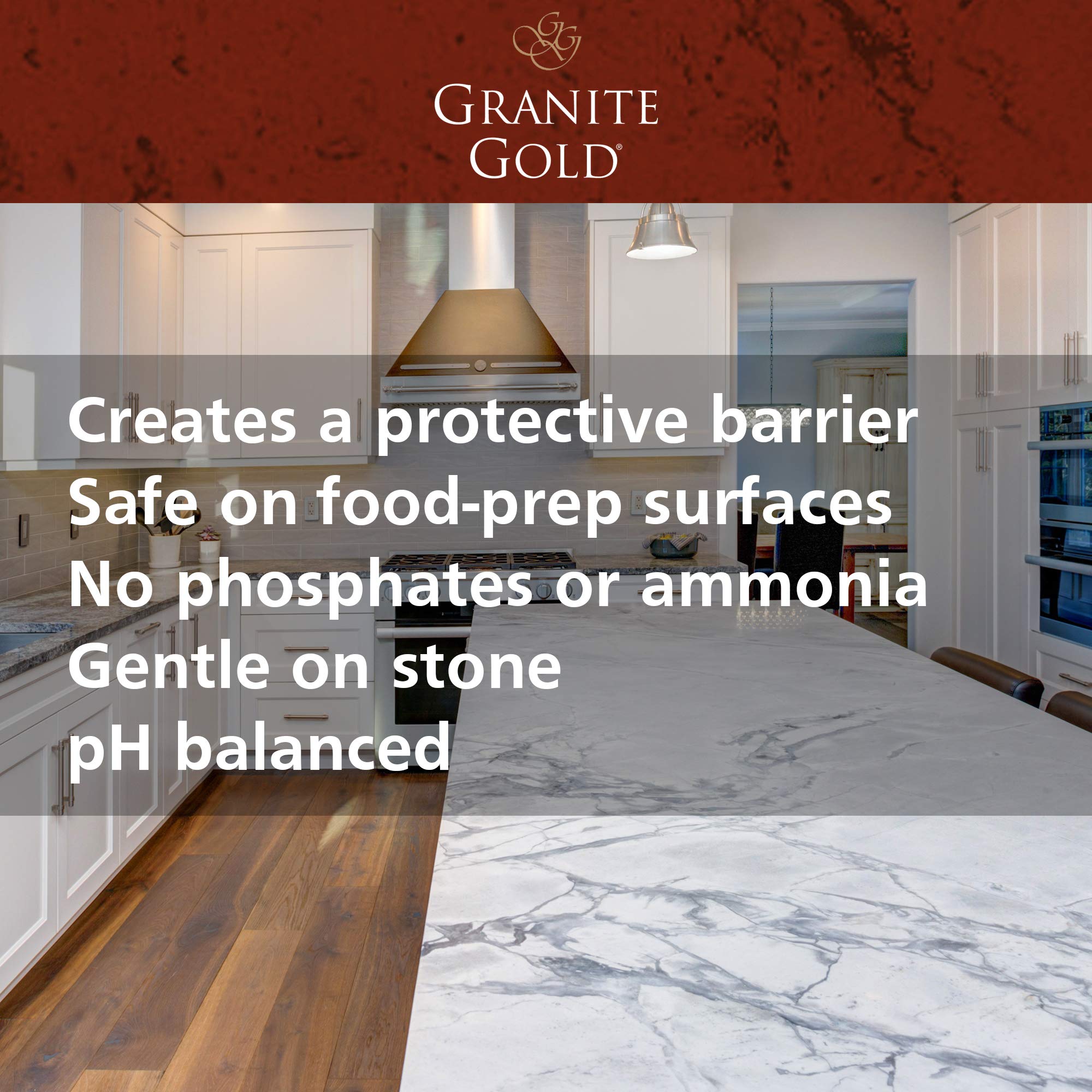 Natural stone surfaces like granite, marble, and travertine gain protection from Granite Gold Sealer.
