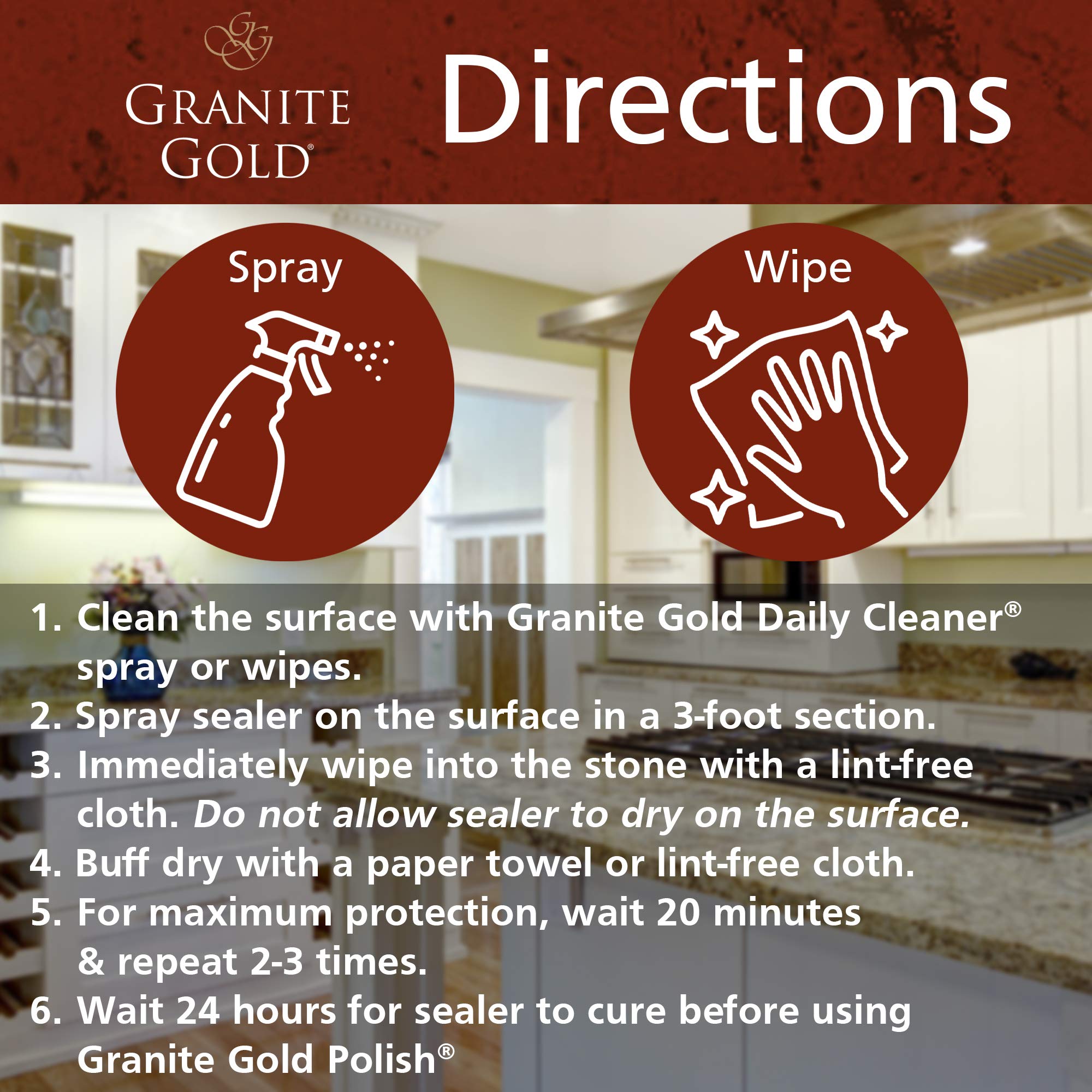 Phosphate and ammonia free Granite Gold Sealer formula safe for food prep areas with mild odor.