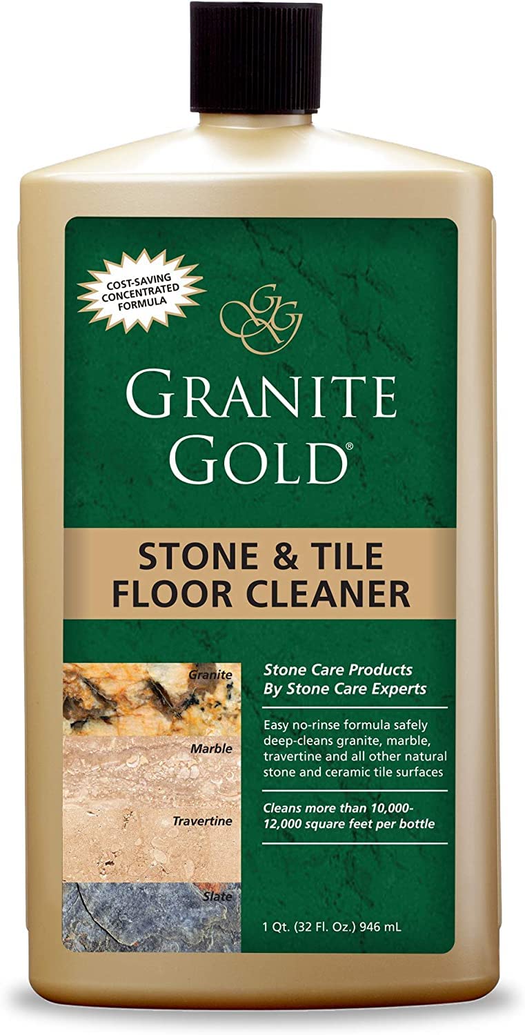 Granite Gold bottle showing no-rinse deep cleaning for stone and tile floors.