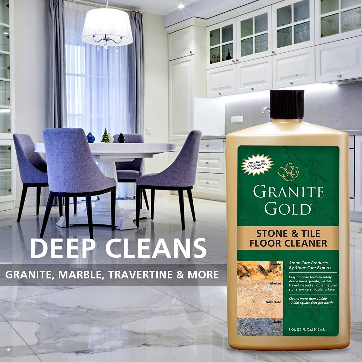 Granite Gold cleaner being poured for surface-safe, neutral pH cleaning.