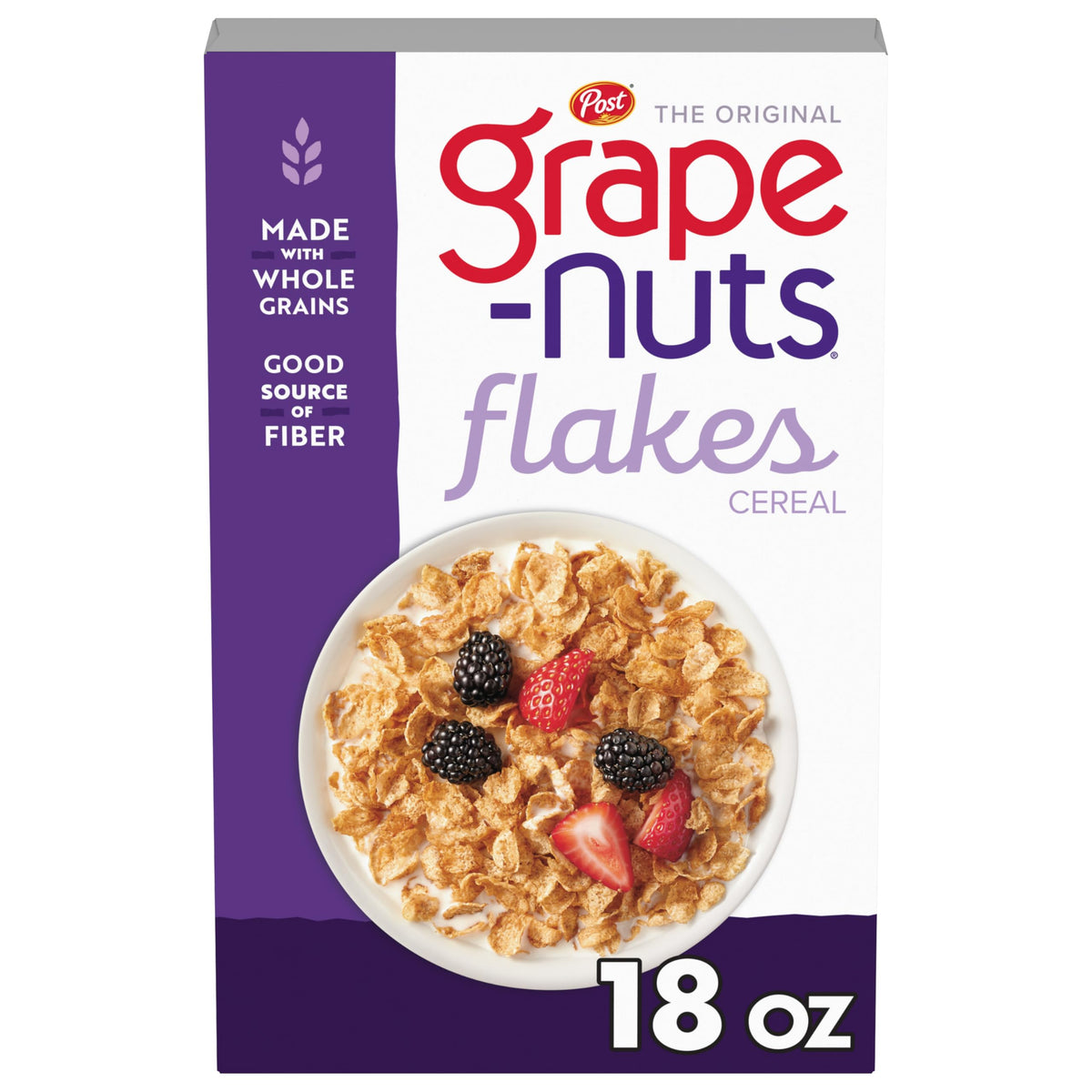 Grape-Nuts Flakes cereal box front showing wholesome whole grains for a hearty breakfast