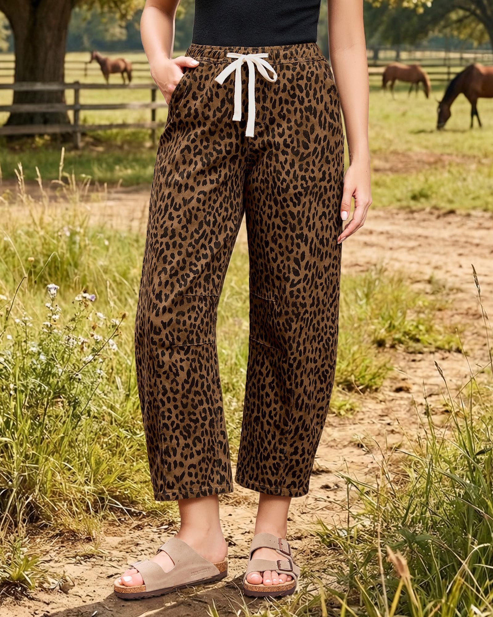 GRAPENT Barrel Jeans pull-on elastic waist with adjustable drawstring for easy wear