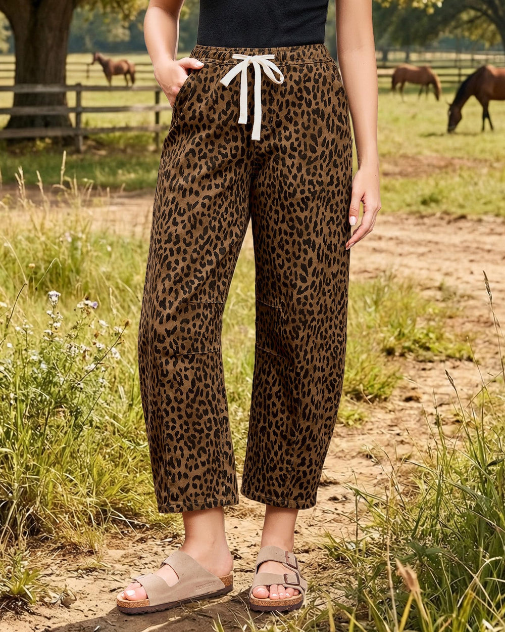 GRAPENT Barrel Jeans pull-on elastic waist with adjustable drawstring for easy wear