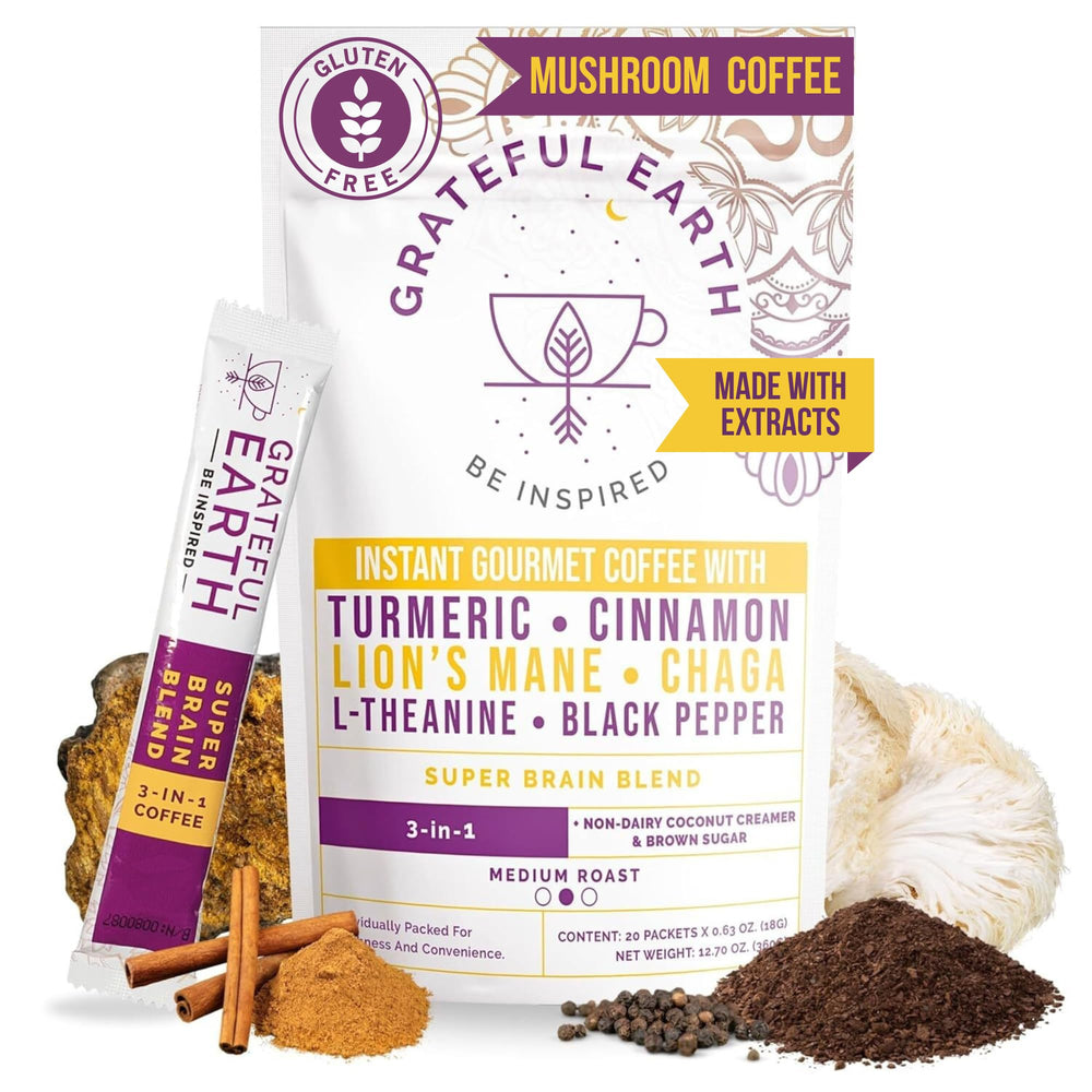 Grateful Earth mushroom coffee sticks with coconut creamer for quick mornings
