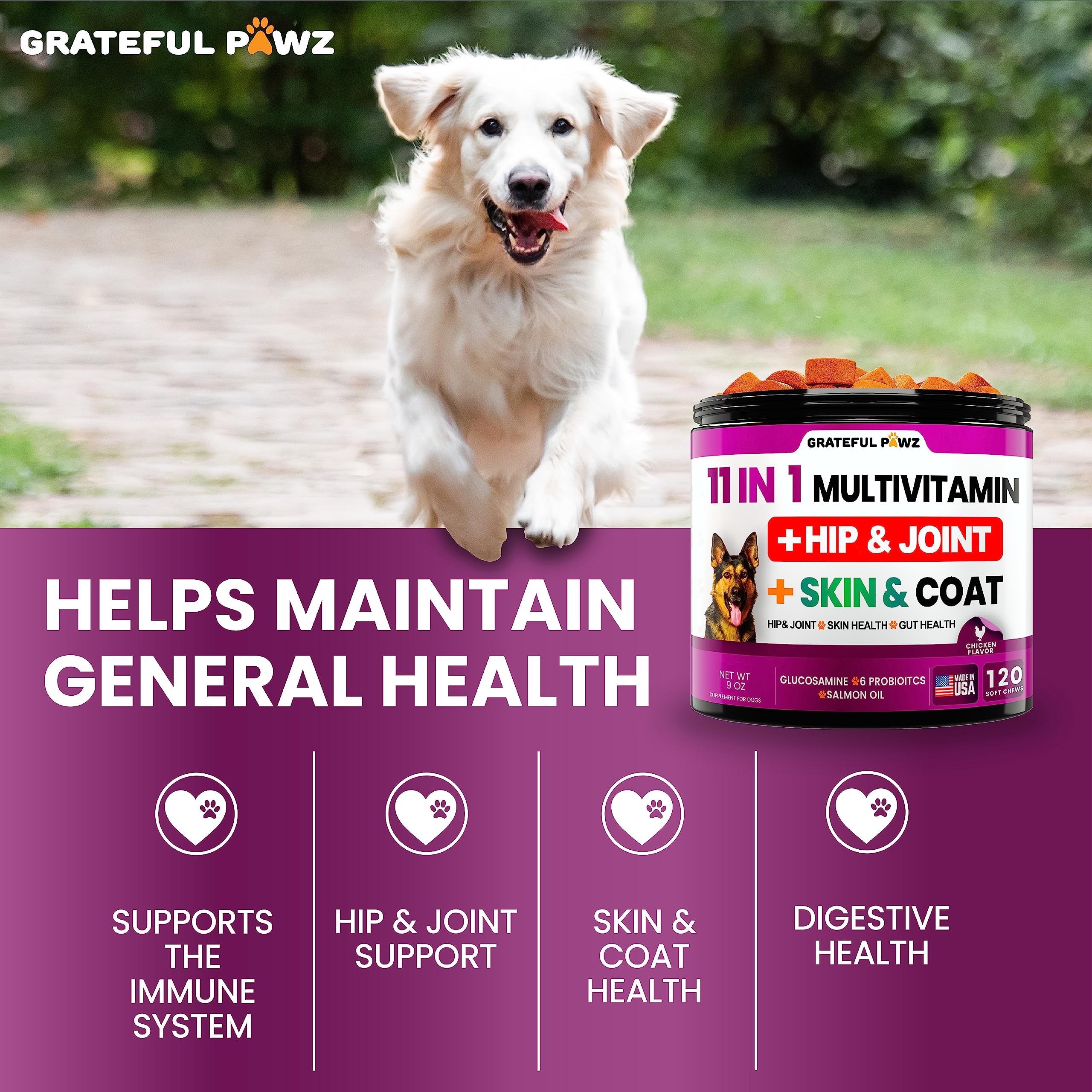 Grateful Pawz bottle label highlights probiotics and omega-3 ingredients.