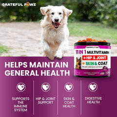 Grateful Pawz bottle label highlights probiotics and omega-3 ingredients.
