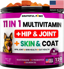 Grateful Pawz dog multivitamin bottle front supports daily dog nutrition.