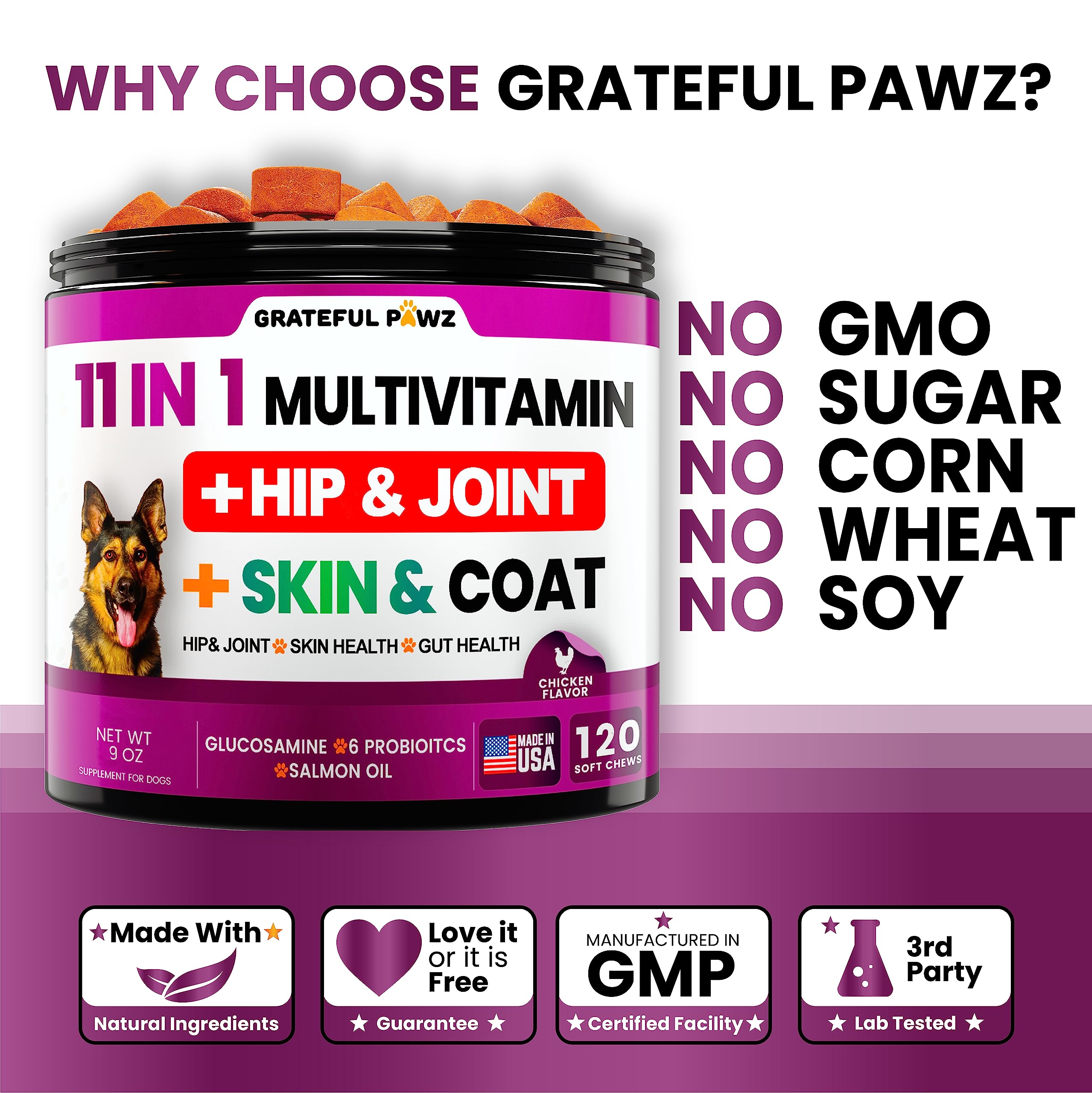 Grateful Pawz joint-support scene illustrates mobility-friendly dog vitamins.