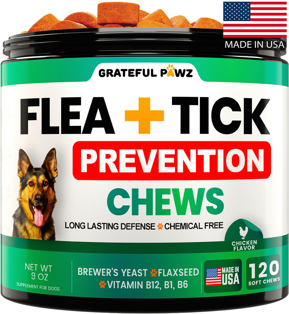 Grateful Pawz flea and tick chews packaging highlights USA-made quality for dogs