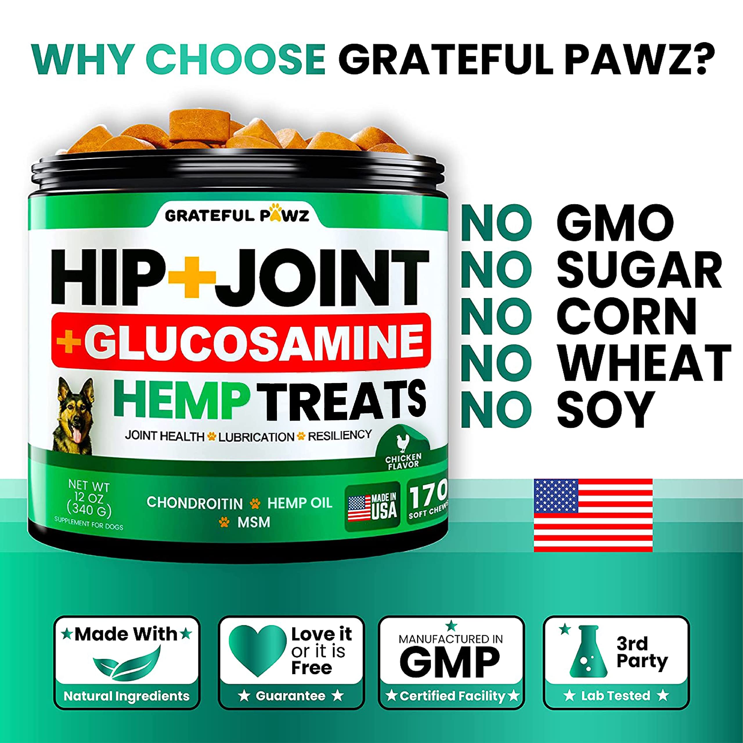 Grateful Pawz green-lipped mussel ingredient shown supporting joint mobility.