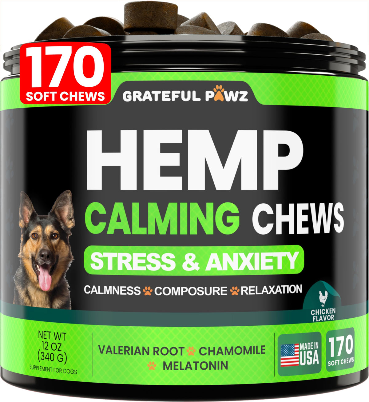 Grateful Pawz hemp calming chews for dogs in a bottle promote relaxation during storms.