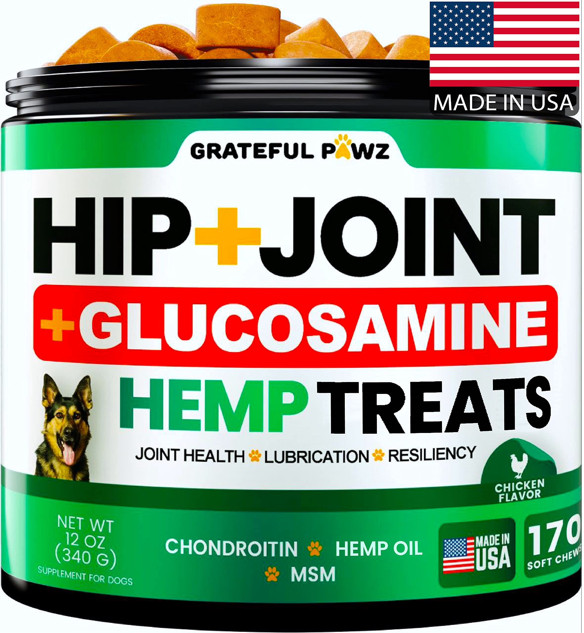 Grateful Pawz hemp hip joint chews bottle for daily joint support.