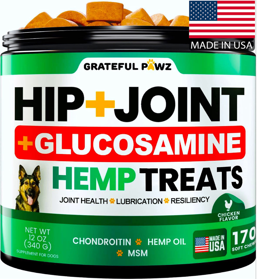 Grateful Pawz hemp hip joint chews bottle for daily joint support.