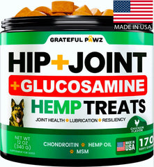 Grateful Pawz hemp hip joint chews bottle for daily joint support.