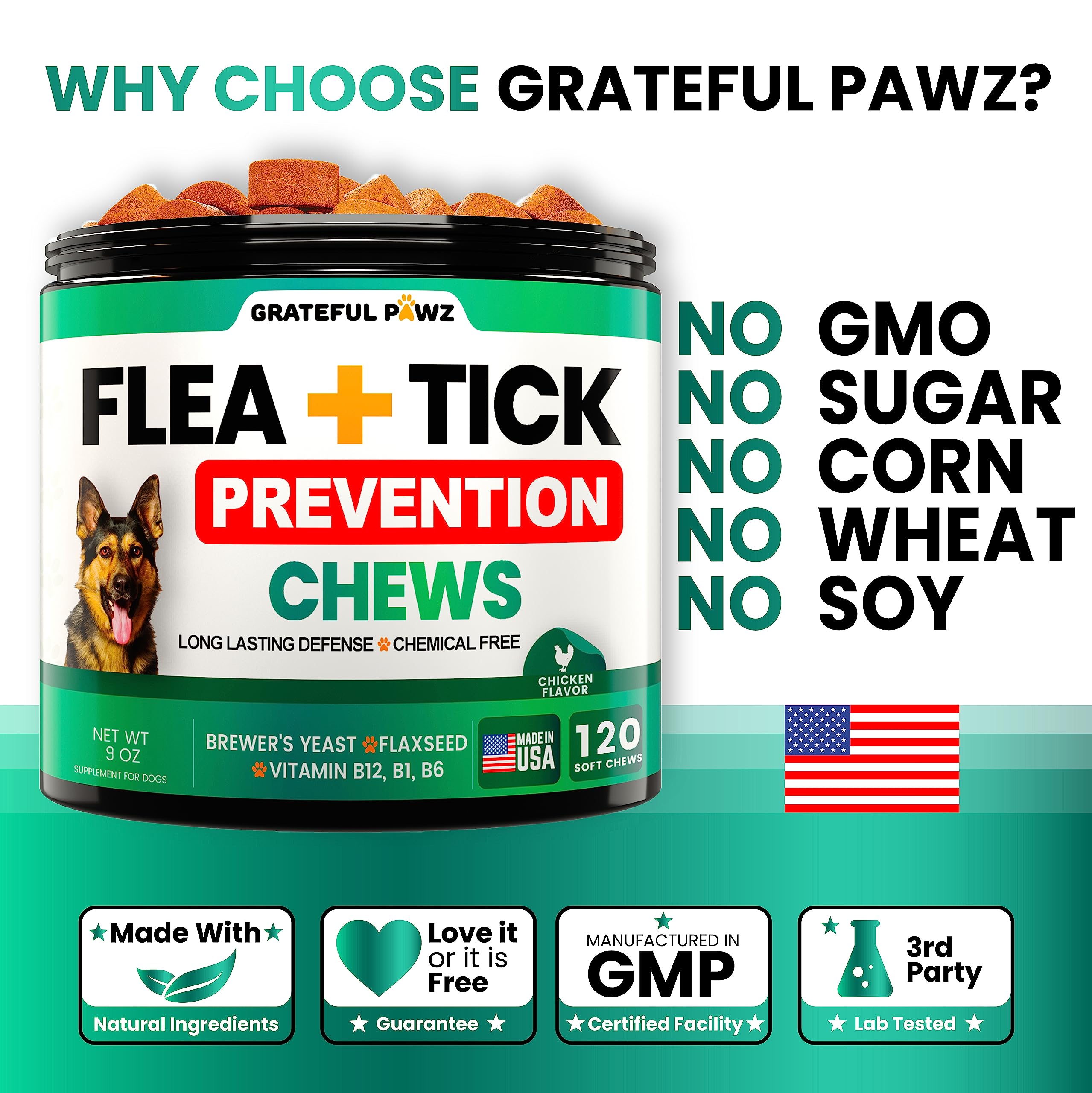 Grateful Pawz natural ingredients illustration suggests gentle pest prevention