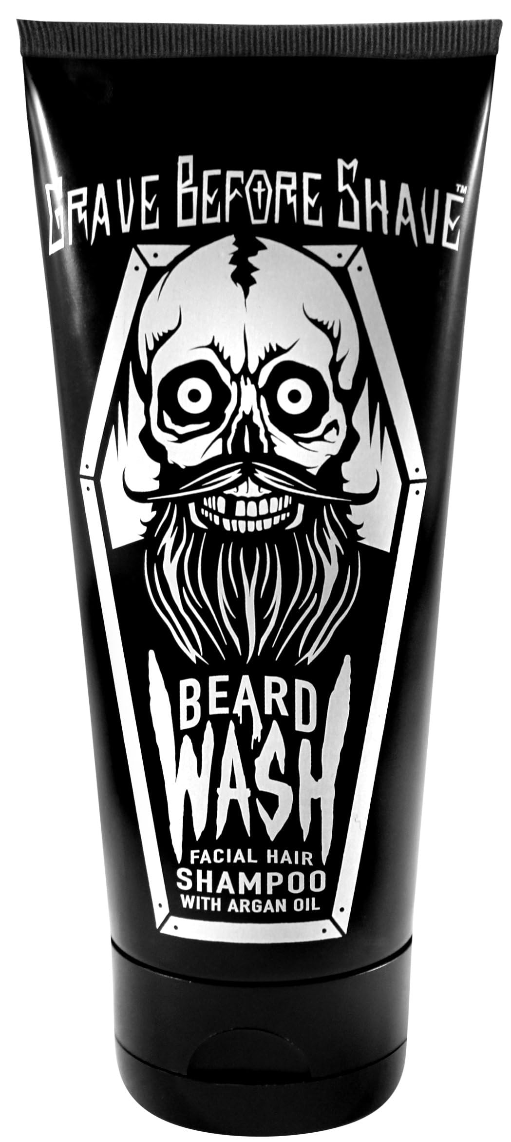 Grave Before Shave argan oil enriched formula close-up emphasizing healthy shine.