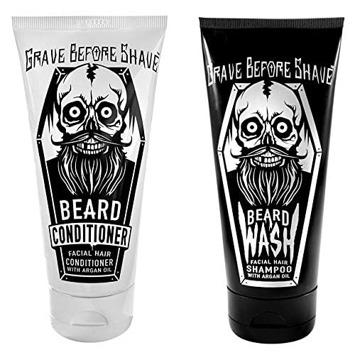 Grave Before Shave beard conditioner tube highlighting softening formula for manageable beards.