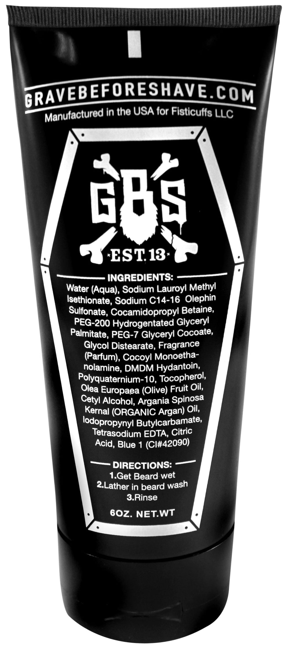 Grave Before Shave Beard Wash label closeup shows argan oil formula for hydration.